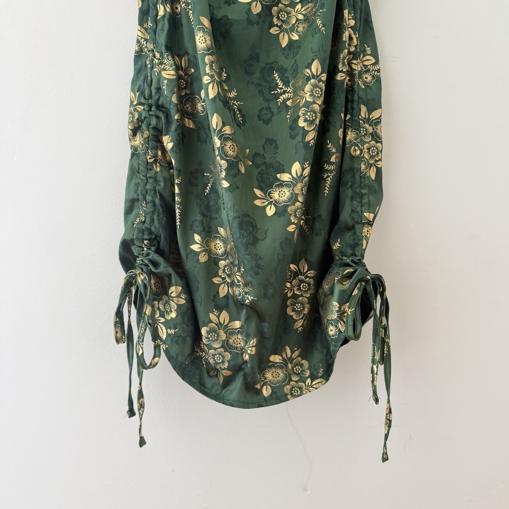 Y2K Green Gold Floral Satin Slip Dress XS Cowl Neck Ruched Fairy Grunge Mini - Picture 5 of 9